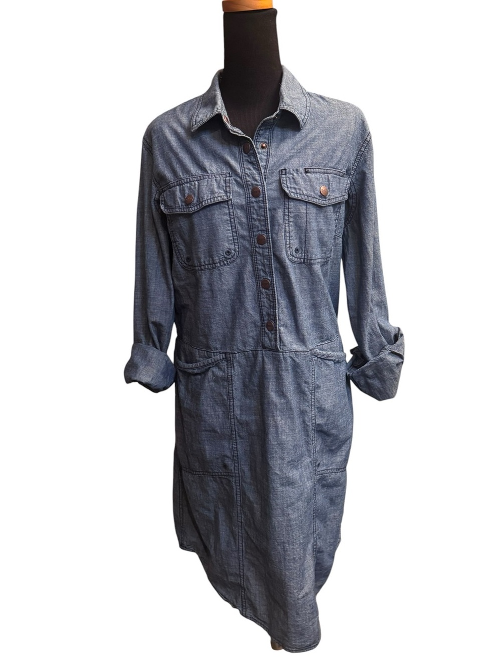 Duluth Trading Co Rootstock Chambray Dress Women’s SZ S Blue Organic Cotton